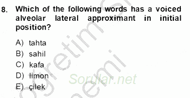Türkçe Ses Ve Biçim Bilgisi 2014 - 2015 Ara Sınavı 8.Soru