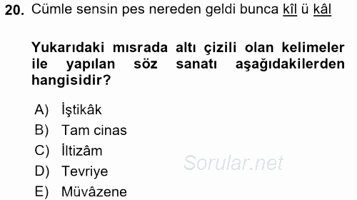 Eski Türk Edebiyatına Giriş: Söz Sanatları 2016 - 2017 Ara Sınavı 20.Soru