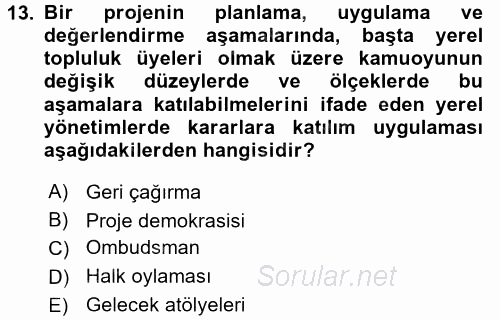 Yerel Yönetimler 2016 - 2017 Dönem Sonu Sınavı 13.Soru