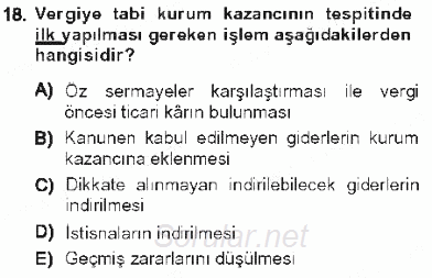 Özel Vergi Hukuku 1 2012 - 2013 Tek Ders Sınavı 18.Soru