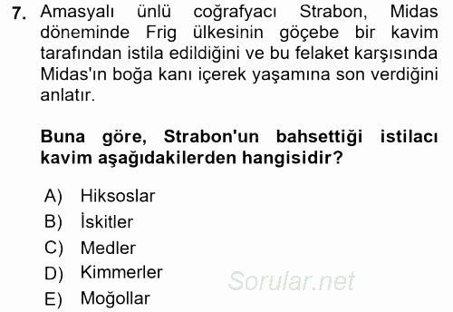 Eski Anadolu Tarihi 2016 - 2017 Dönem Sonu Sınavı 7.Soru