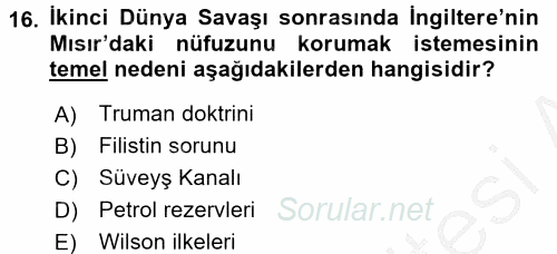 Orta Doğuda Siyaset 2016 - 2017 Ara Sınavı 16.Soru