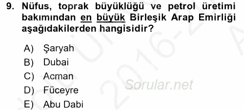 Orta Doğuda Siyaset 2016 - 2017 Ara Sınavı 9.Soru