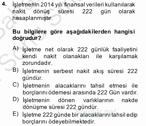 Finansal Tablolar Analizi 2014 - 2015 Dönem Sonu Sınavı 4.Soru