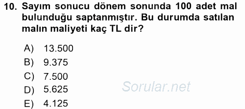 Dönemsonu İşlemleri 2016 - 2017 Ara Sınavı 10.Soru