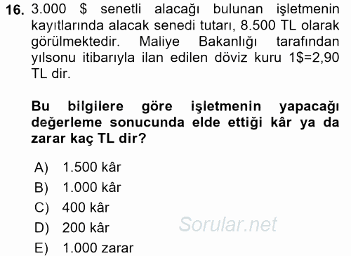 Dönemsonu İşlemleri 2016 - 2017 Ara Sınavı 16.Soru