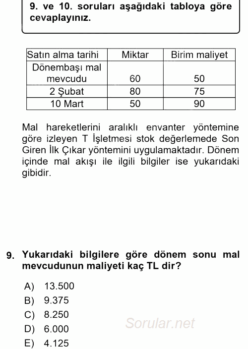 Dönemsonu İşlemleri 2016 - 2017 Ara Sınavı 9.Soru