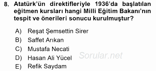 Atatürk İlkeleri Ve İnkılap Tarihi 2 2016 - 2017 Ara Sınavı 8.Soru