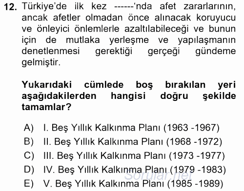 Afet Yönetimi 2 2017 - 2018 Dönem Sonu Sınavı 12.Soru