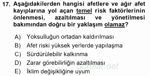 Afet Yönetimi 2 2017 - 2018 Dönem Sonu Sınavı 17.Soru