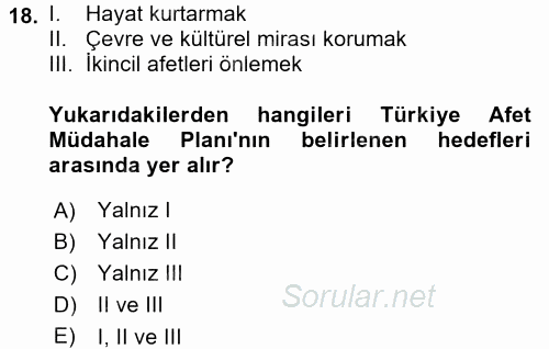 Afet Yönetimi 2 2017 - 2018 Dönem Sonu Sınavı 18.Soru