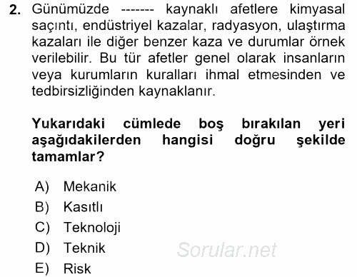 Afet Yönetimi 2 2017 - 2018 Dönem Sonu Sınavı 2.Soru