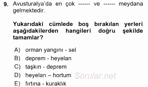 Afet Yönetimi 2 2017 - 2018 Dönem Sonu Sınavı 9.Soru