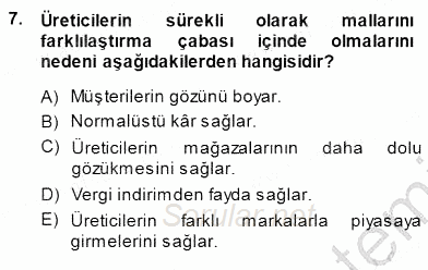 Sanayi Ekonomisi 2013 - 2014 Dönem Sonu Sınavı 7.Soru