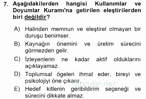 İletişim Kuramları 2017 - 2018 3 Ders Sınavı 7.Soru