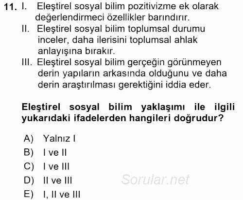 Sosyolojide Araştırma Yöntem ve Teknikleri 2017 - 2018 Ara Sınavı 11.Soru