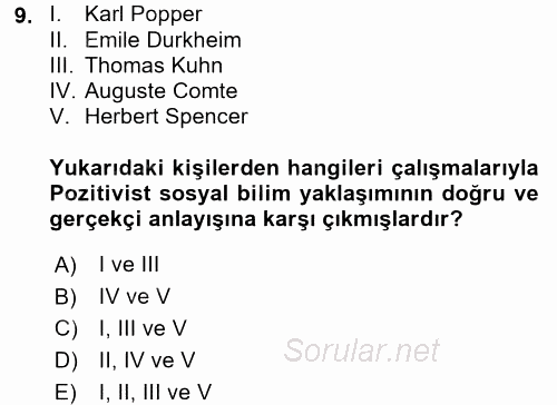 Sosyolojide Araştırma Yöntem ve Teknikleri 2017 - 2018 Ara Sınavı 9.Soru