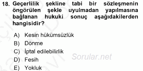 Medeni Hukuk 2 2016 - 2017 Ara Sınavı 18.Soru