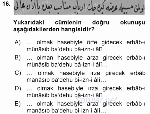 Osmanlı Türkçesi Metinleri 2 2015 - 2016 Ara Sınavı 16.Soru