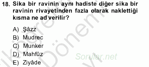 Hadis Tarihi ve Usulü 2014 - 2015 Dönem Sonu Sınavı 18.Soru