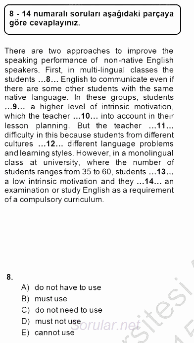 Pedagojik Gramer 1 2014 - 2015 Ara Sınavı 8.Soru