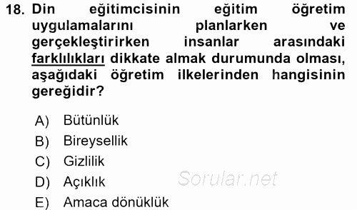 Din Eğitimi Ve Din Hizmetlerinde Rehberlik 2015 - 2016 Ara Sınavı 18.Soru