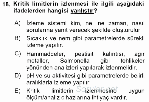 Gıda Güvenliğinin Temel Prensipleri 2015 - 2016 Dönem Sonu Sınavı 18.Soru