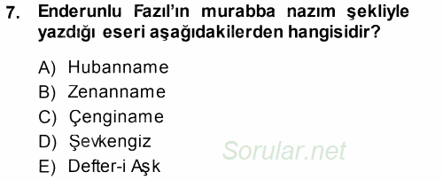 XVIII. Yüzyıl Türk Edebiyatı 2013 - 2014 Tek Ders Sınavı 7.Soru