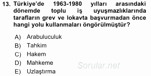 Endüstri İlişkileri 2017 - 2018 3 Ders Sınavı 13.Soru