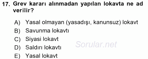 Endüstri İlişkileri 2017 - 2018 3 Ders Sınavı 17.Soru