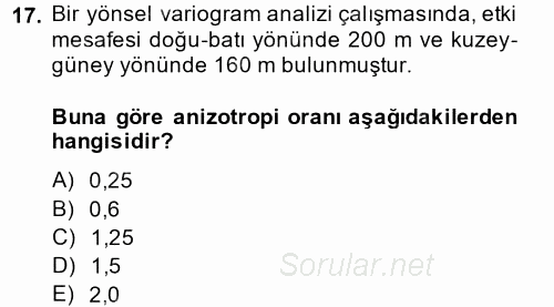 Coğrafi Bilgi Sistemleri İçin Temel İstatistik 2014 - 2015 Dönem Sonu Sınavı 17.Soru