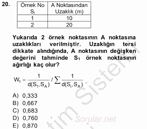 Coğrafi Bilgi Sistemleri İçin Temel İstatistik 2014 - 2015 Dönem Sonu Sınavı 20.Soru