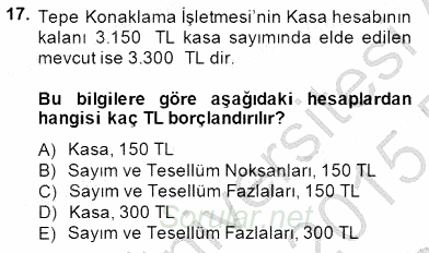 Konaklama İşletmelerinde Muhasebe Uygulamaları 2014 - 2015 Ara Sınavı 17.Soru