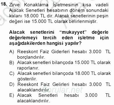 Konaklama İşletmelerinde Muhasebe Uygulamaları 2014 - 2015 Ara Sınavı 18.Soru