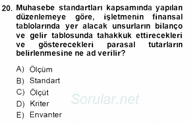 Konaklama İşletmelerinde Muhasebe Uygulamaları 2014 - 2015 Ara Sınavı 20.Soru