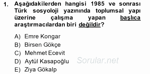 Türkiye´nin Toplumsal Yapısı 2014 - 2015 Ara Sınavı 1.Soru