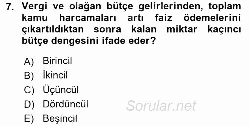 Maliye Politikası 2016 - 2017 Dönem Sonu Sınavı 7.Soru