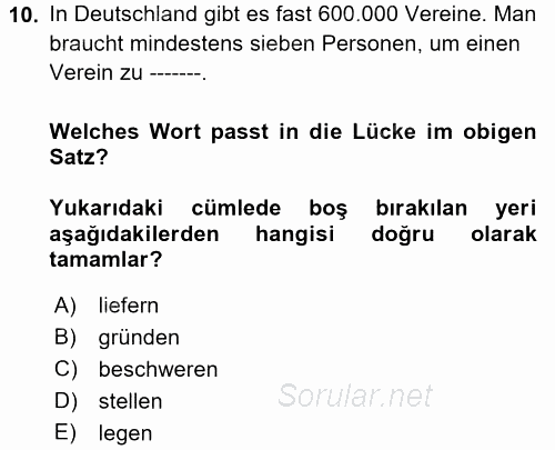 Almanca 2 2017 - 2018 Ara Sınavı 10.Soru