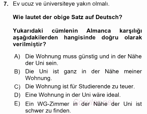 Almanca 2 2017 - 2018 Ara Sınavı 7.Soru