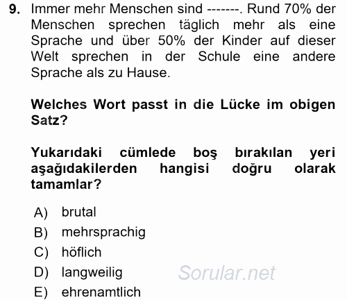 Almanca 2 2017 - 2018 Ara Sınavı 9.Soru