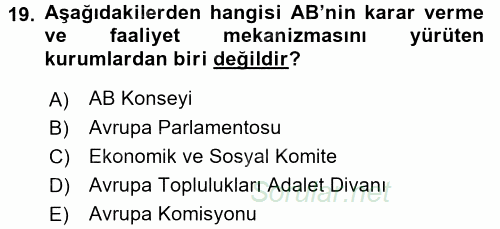 Karşılaştırmalı Siyasal Sistemler 2015 - 2016 Dönem Sonu Sınavı 19.Soru