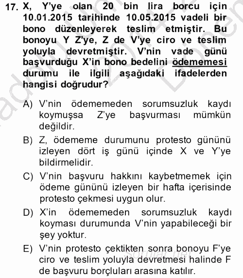 Ticaret Hukuku 2014 - 2015 Dönem Sonu Sınavı 17.Soru