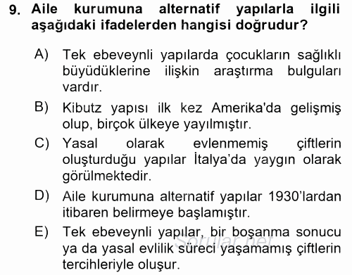 Anne Baba Eğitimi 2017 - 2018 Ara Sınavı 9.Soru