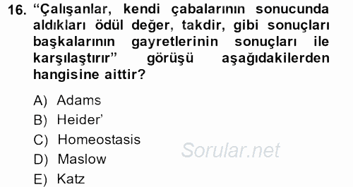 İş ve Yaşamda Motivasyon 2014 - 2015 Tek Ders Sınavı 16.Soru