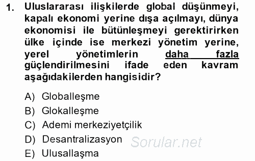 Mahalli İdareler Maliyesi 2014 - 2015 Ara Sınavı 1.Soru