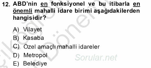 Mahalli İdareler Maliyesi 2014 - 2015 Ara Sınavı 12.Soru