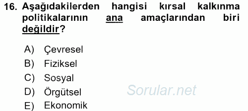 Tarım Ekonomisi 2016 - 2017 Dönem Sonu Sınavı 16.Soru