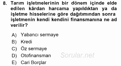 Tarım Ekonomisi 2016 - 2017 Dönem Sonu Sınavı 8.Soru