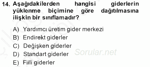 Sağlık Kurumlarında Maliyet Yönetimi 2014 - 2015 Ara Sınavı 14.Soru