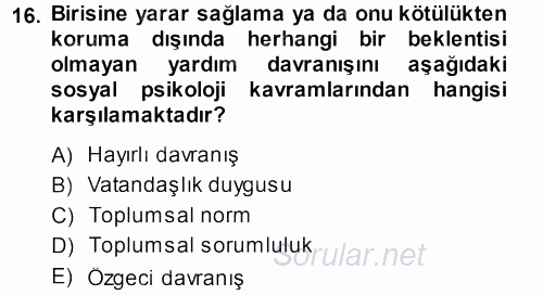 Sosyal Psikoloji 1 2013 - 2014 Dönem Sonu Sınavı 16.Soru